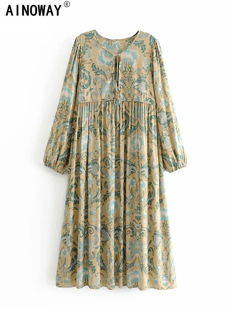 Vintage Chic Women Floral Print Lace-up Rayon Cotton Beach Bohemian Midi Dresses Ladies V-neck Boho Dress Vestidos