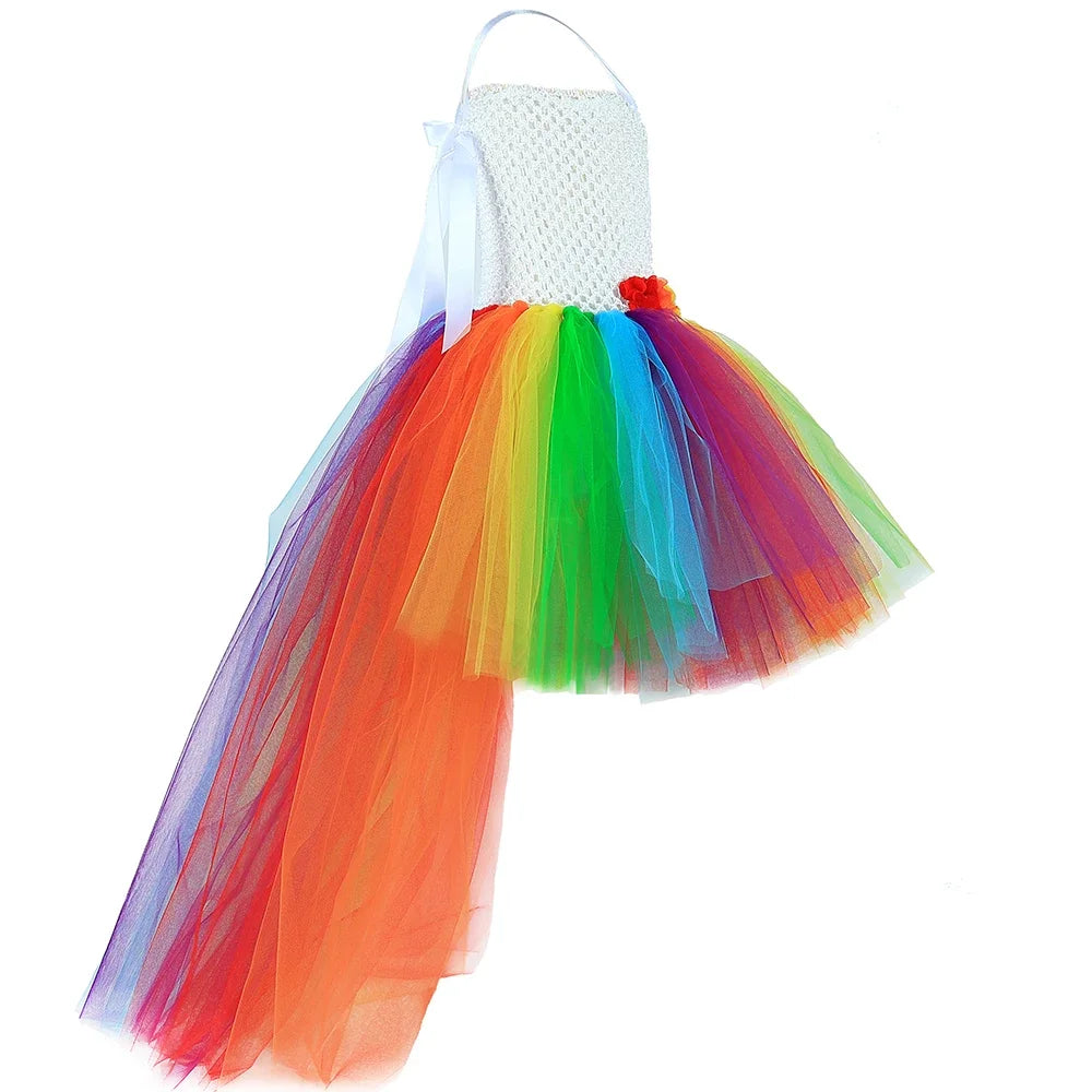 Girls Rainbow Tutu Dress V-Neck Train Flower Girl Tulle Princess Dresses Toddler Kids Birthday Party Christmas Halloween Costume