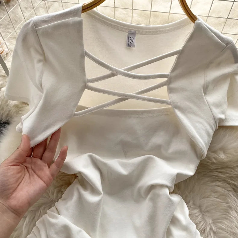 Dress Girls Summer New Square Neck Drawstring Solid Color Fashion Short Sleeved 2024 Simple Elastic Waist Fashion