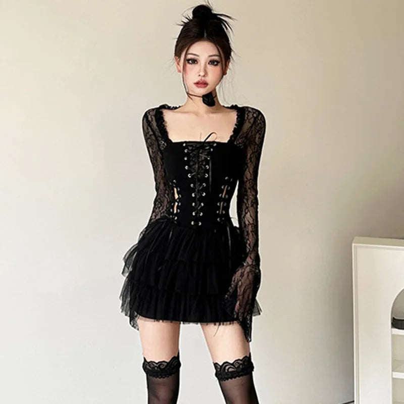 Y2K Subculture Sexy Dress Women Lace Patchwork Bandage Dark Academic Mini Dress Long Sleeve Square Collar Hotsweet Slim Dress