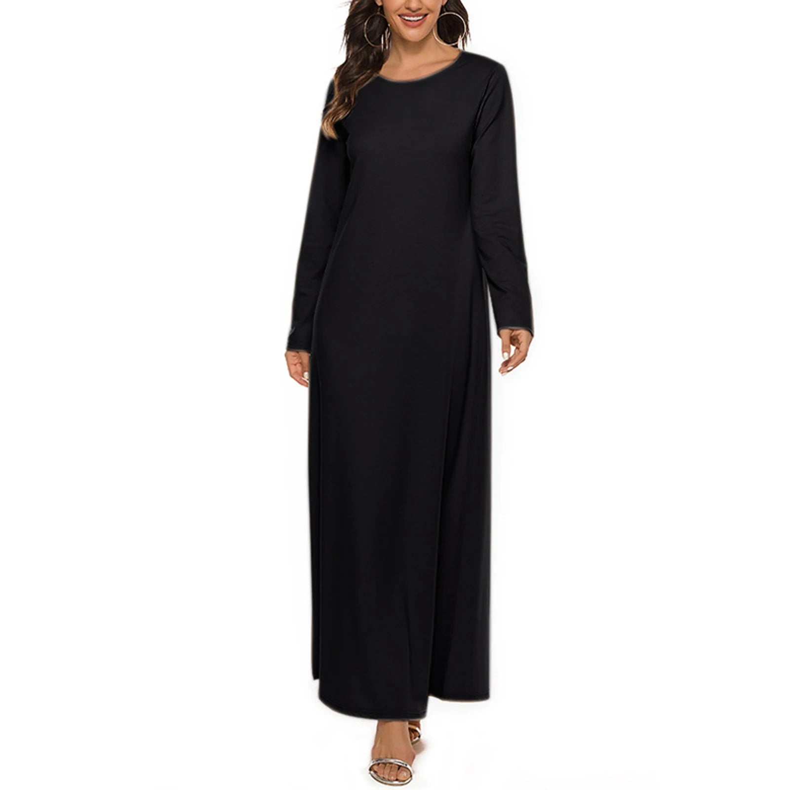 Womens Solid Color Islamic Arabian Dress Round Neck Long Sleeve Muslim Prayer Long Robes Loose Basic Dress for Casual Wear