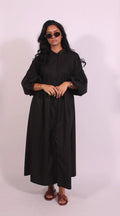 Loose Single Breasted Pleated Long Dress Women Elegant O-neck Lantern Sleeve A-line Party Dresses 2025 Summer Lady Casual Robes