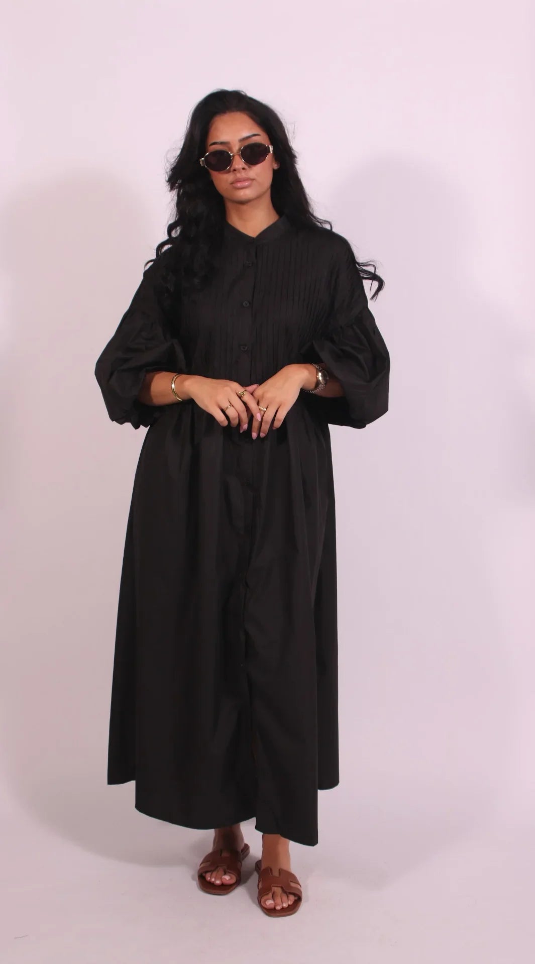Loose Single Breasted Pleated Long Dress Women Elegant O-neck Lantern Sleeve A-line Party Dresses 2025 Summer Lady Casual Robes