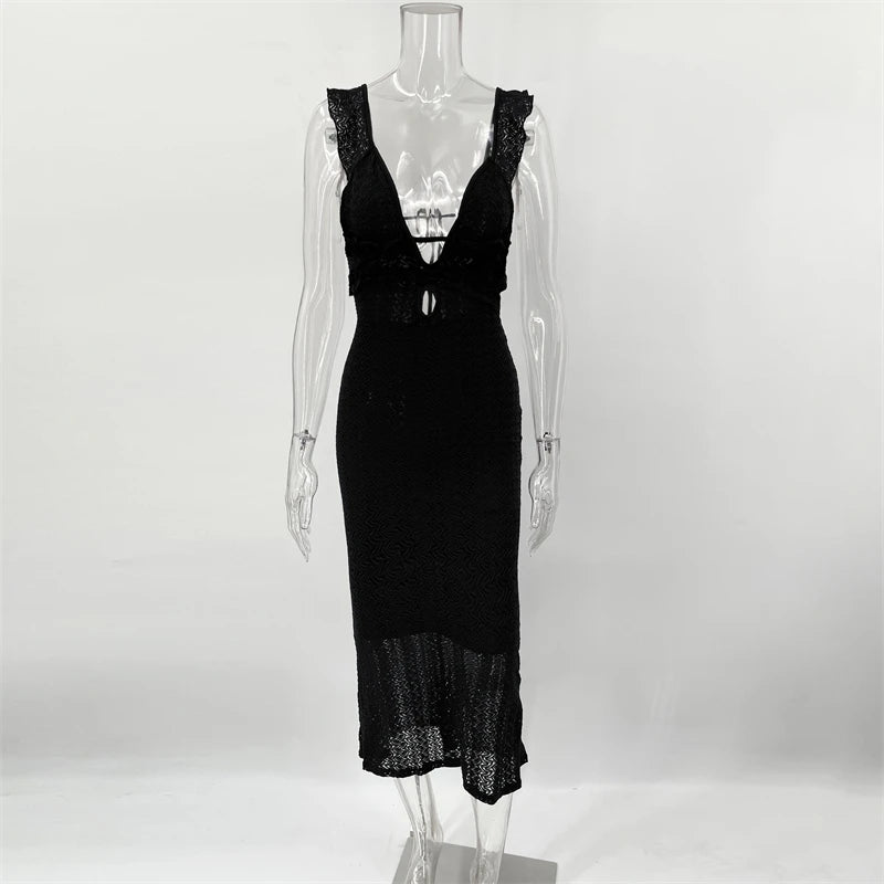 TARUXY Deep V Neck Sexy Dresses Women Sleeveless See Through High Waist Long Cover Up Dress Femme Holiday Knitted Beach Dress