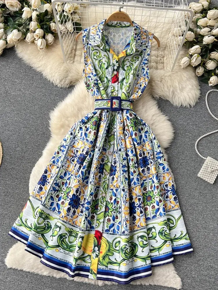2023 Summer Runway Shirt Dress Women's Notch Collar Sleeveless Blue and White Porcelain Print Lace Up Belt Pleated Midi Dress