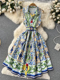 2023 Summer Runway Shirt Dress Women's Notch Collar Sleeveless Blue and White Porcelain Print Lace Up Belt Pleated Midi Dress