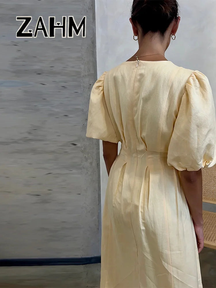 Casual Yellow Short Puff Sleeve Women Dress Loose Solid O-neck Pleated High Waist Female Maxi Dresses 2025 Summer Chic Lady Robe