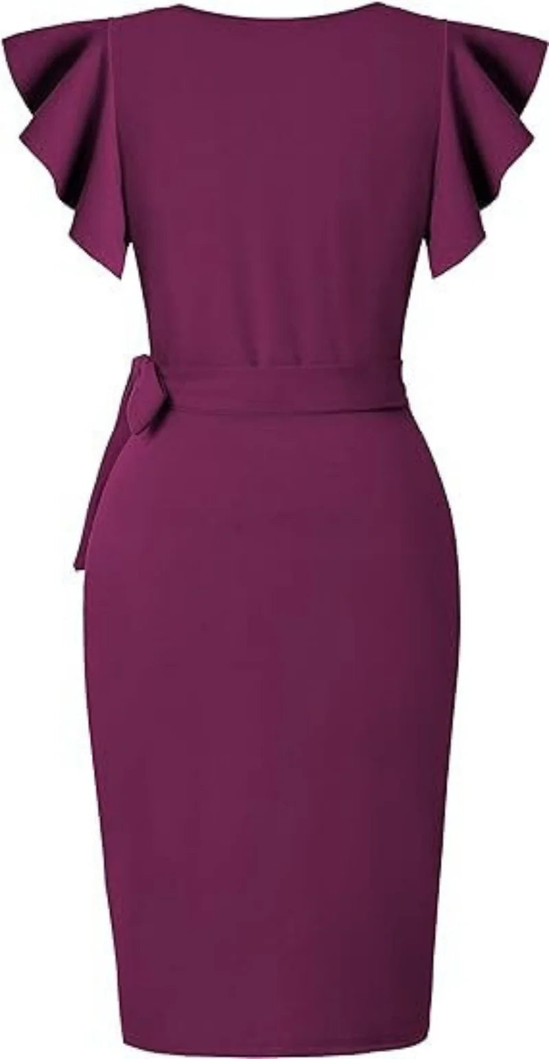 Women's Sexy Summer Dress Faux Wrap Cocktail Deep V Neck Ruffle Sleeve Ruched Detail for Party Work Formal Wedding