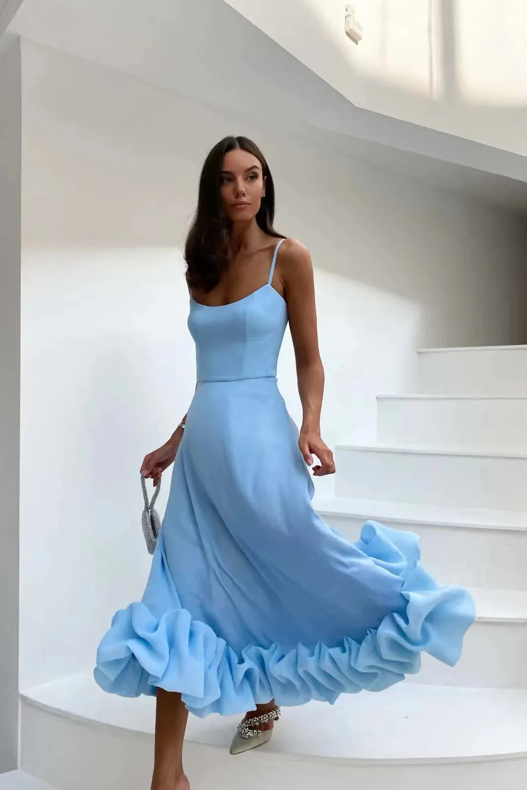 Elegant Ruffle Solid Sling Long Dress Women Strap Waist Party Dresses Fashion Sleeveless Backless Beach Swing skirt A-line tutu