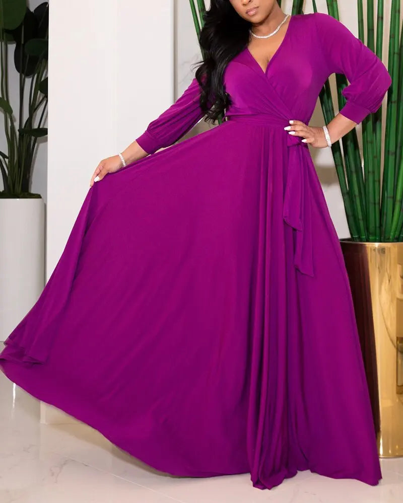 Wmstar Women's Dress Fashion Commuter Solid Color V-Neck Elastic Waist Long Sleeve Big Swing Loose Casual Oversize Long Dresses