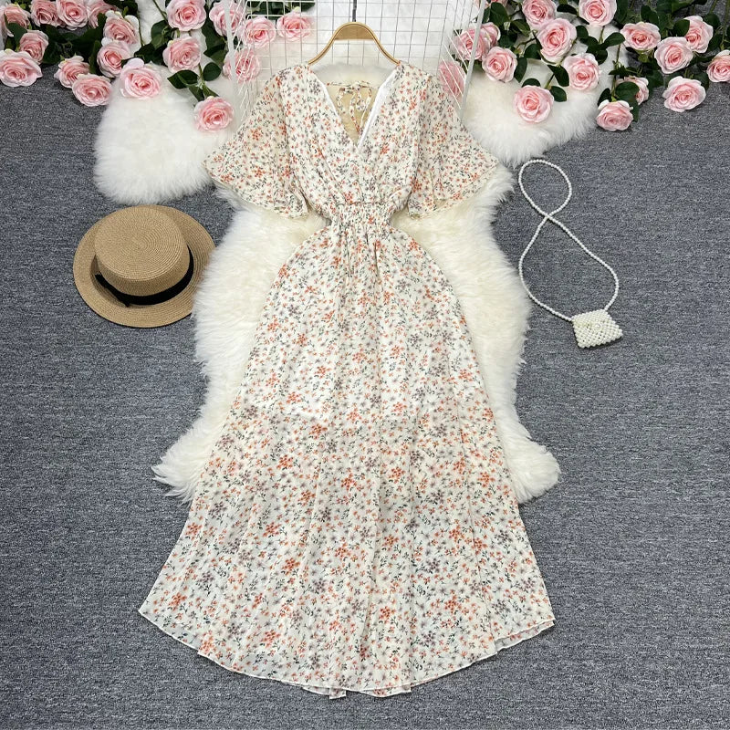 Women Chiffon Floral Long Dress Elegant Korean V Neck Short Sleeve Summer Bohemian Print Beach Dresses For Women Black