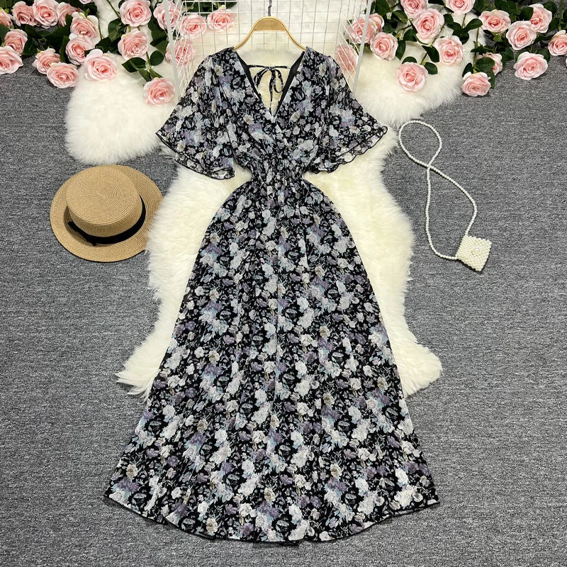 Women Chiffon Floral Long Dress Elegant Korean V Neck Short Sleeve Summer Bohemian Print Beach Dresses For Women Black