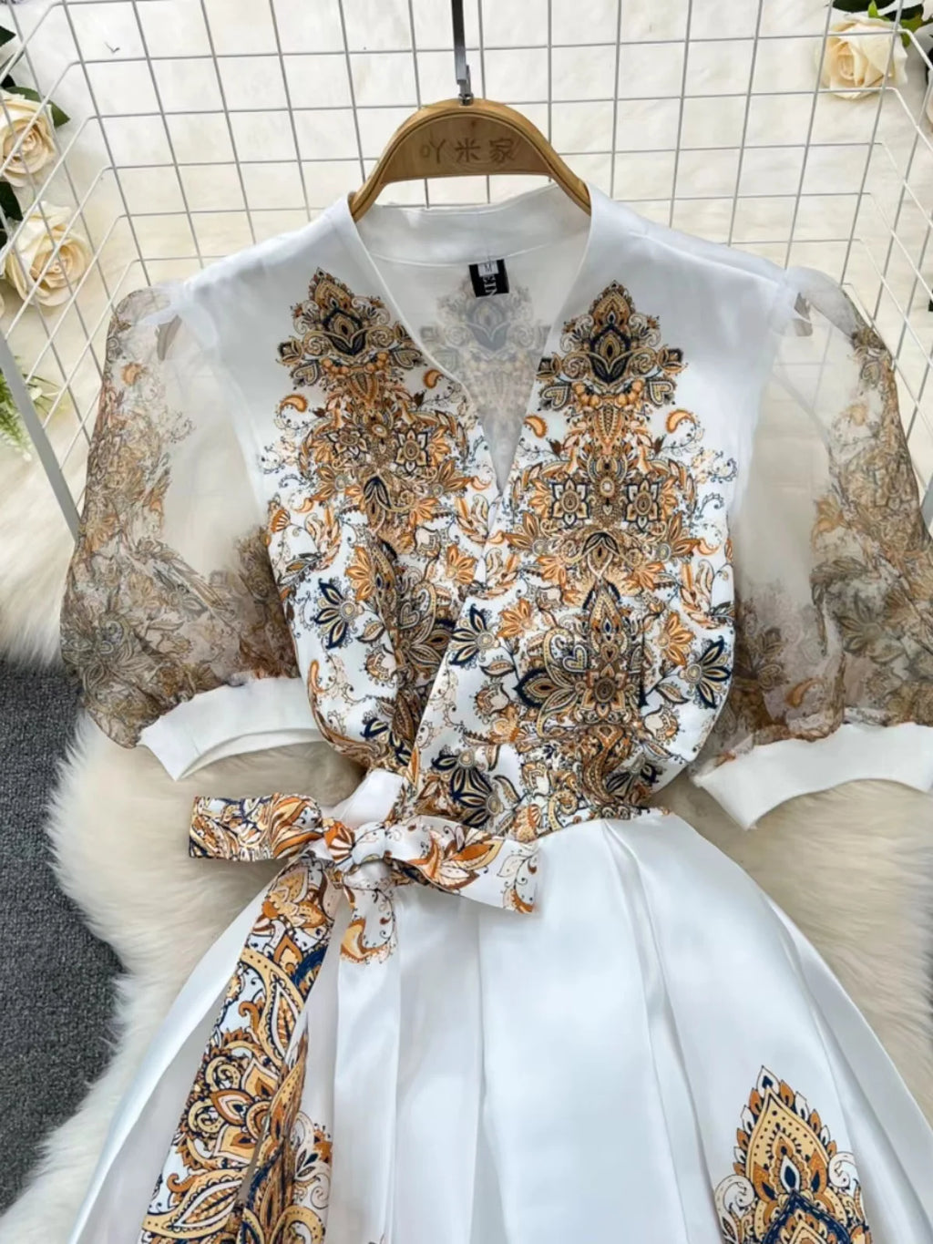 2024 Summer New Vintage Palace Style Printed Dress Women's V-Neck Short Sleeve Lace-up Slim Fit A-line Chiffon Long Skirt