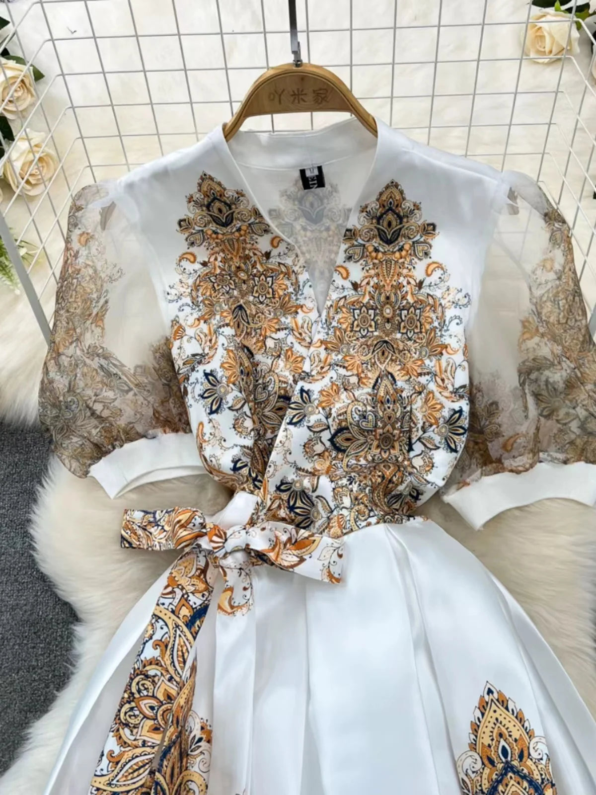 2024 Summer New Vintage Palace Style Printed Dress Women's V-Neck Short Sleeve Lace-up Slim Fit A-line Chiffon Long Skirt