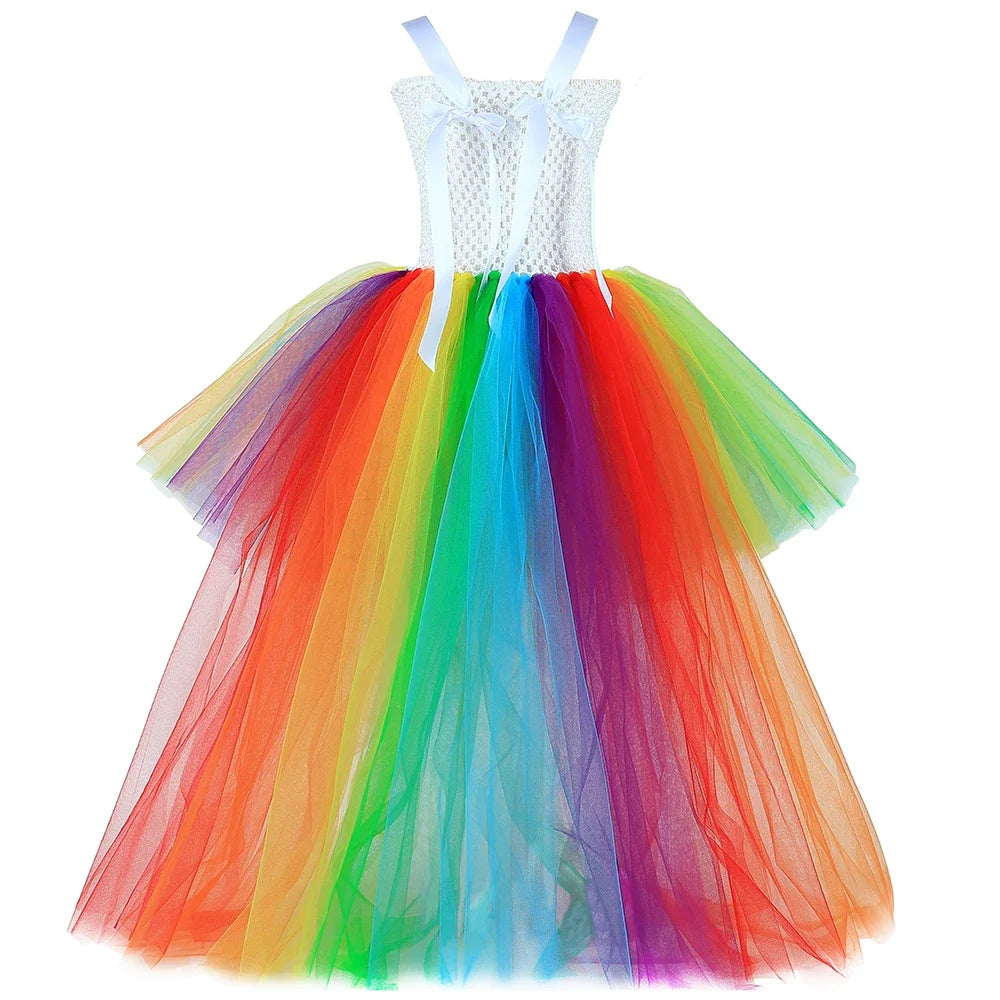 Girls Rainbow Tutu Dress V-Neck Train Flower Girl Tulle Princess Dresses Toddler Kids Birthday Party Christmas Halloween Costume