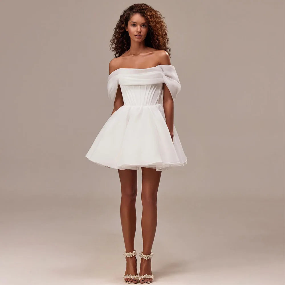 Short Wedding Dress for Bride Off the Shoulder Corset Mini Wedding Gowns White Organza A Line Lace Up Elegant Bridal Dresses