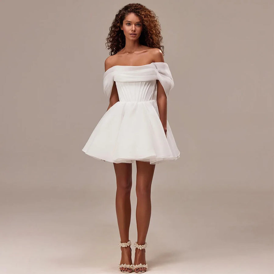 Short Wedding Dress for Bride Off the Shoulder Corset Mini Wedding Gowns White Organza A Line Lace Up Elegant Bridal Dresses