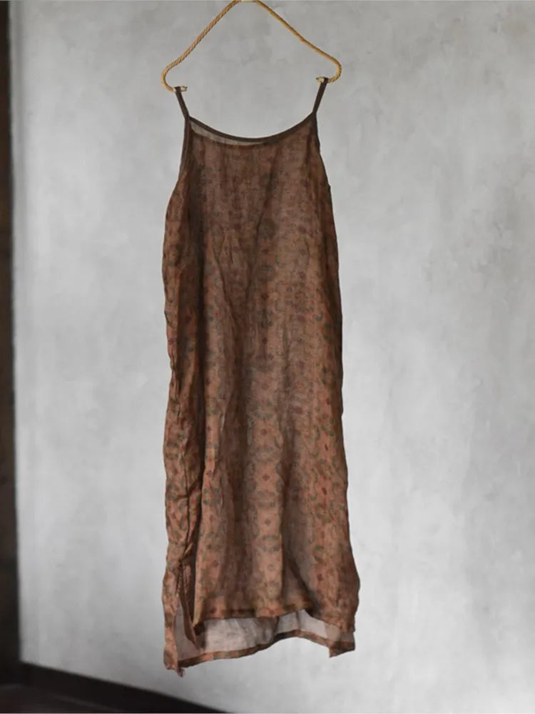 Women Loose Printed Thin Ramie Dress Ladies Vintage Printed Spaghetti Strap Dresses Female 2023 Transparent Dress Summer