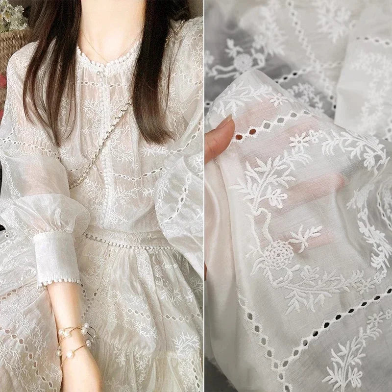 Hollow Embroidery Flower Fabric for Spring and Summer Clothing Strap Dress Shirts Designer Fabric By The Meter