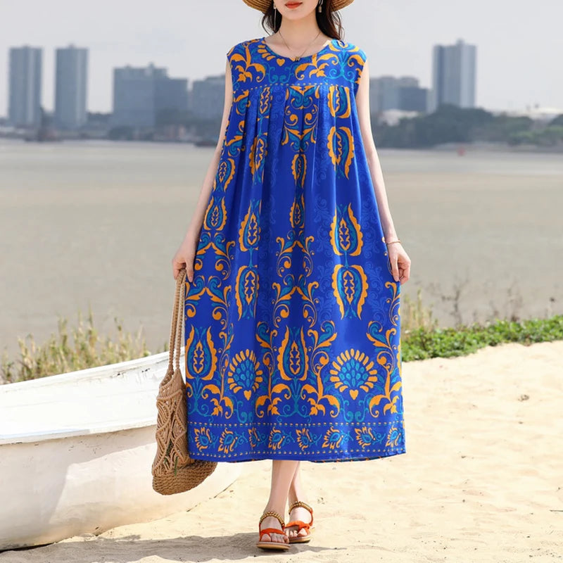Vintage Dress Women 2025 Summer Casual Loose Long Dresses  Beach Femme Robe Vestidos Fashion Clothing Cotton Sleeveless