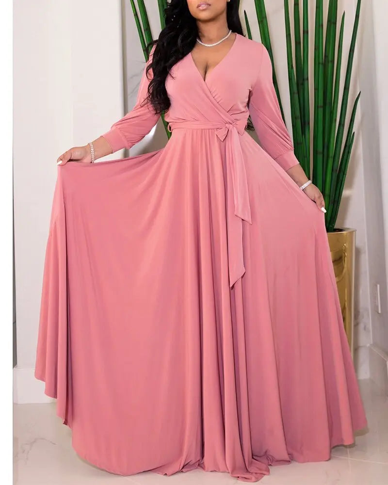 Wmstar Women's Dress Fashion Commuter Solid Color V-Neck Elastic Waist Long Sleeve Big Swing Loose Casual Oversize Long Dresses