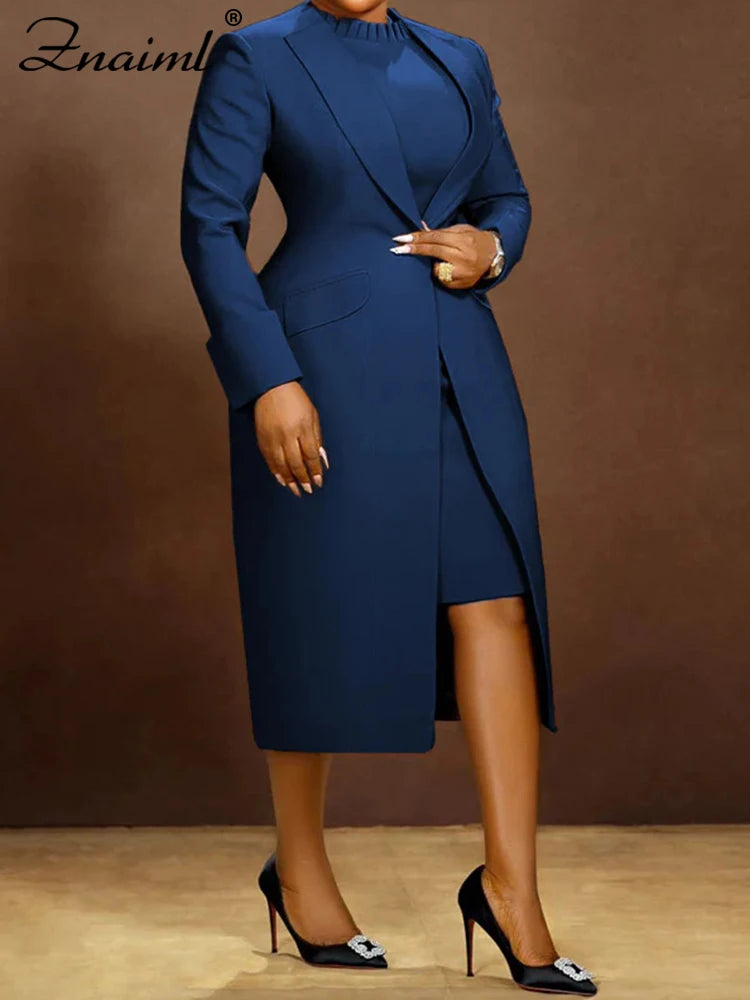 Znaiml Elegant Office Lady Long Blazer with Dress 2 Pieces Sets Woman Clothing Fashion Work Business African Streetwear Outfits