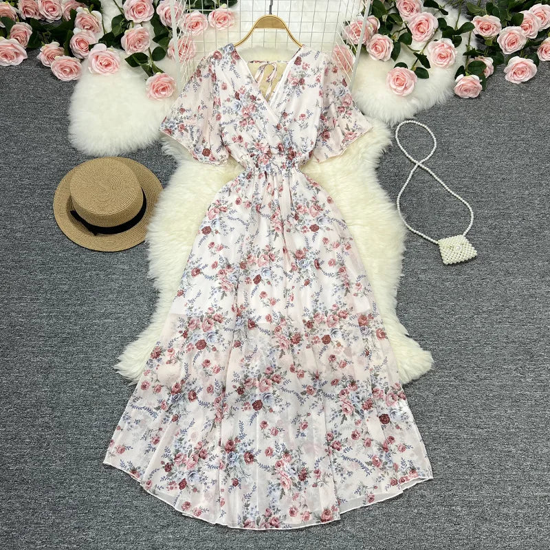 Women Chiffon Floral Long Dress Elegant Korean V Neck Short Sleeve Summer Bohemian Print Beach Dresses For Women Black