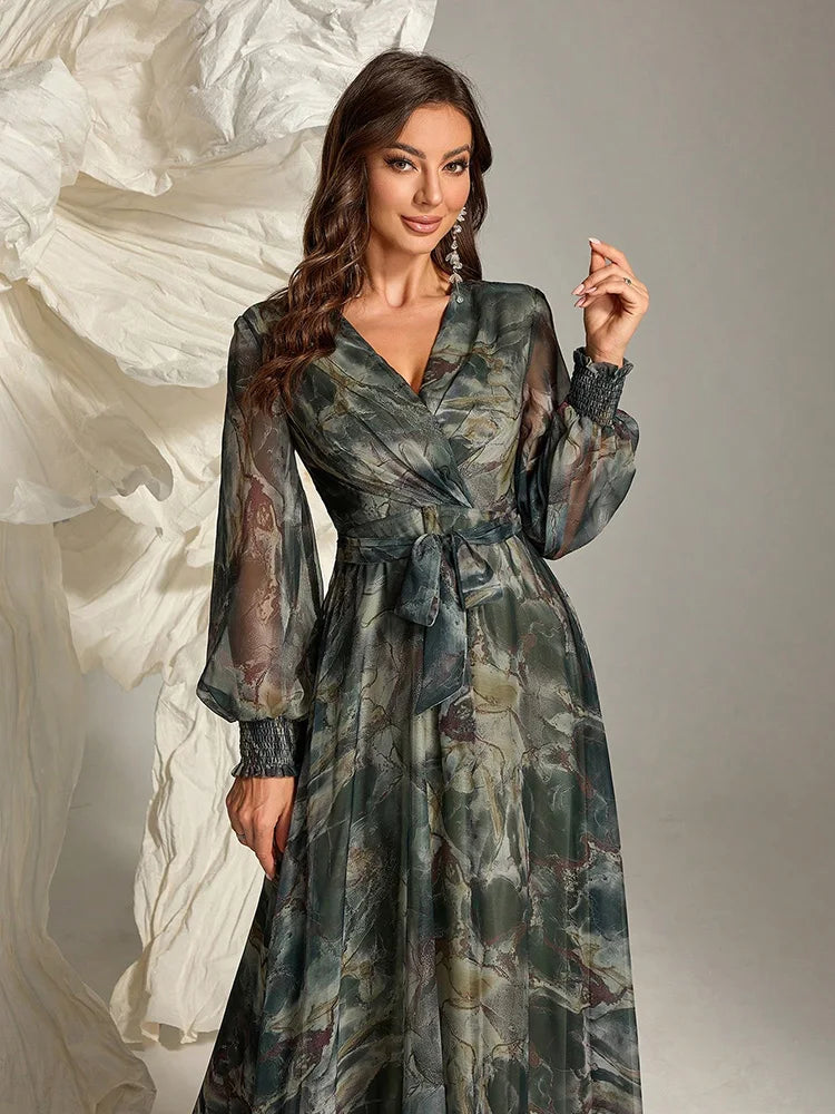 TOLEEN Women's Cross Wrap Summer Long Sleeve Dress 2024 New Spring Casual Elegant Floral Print Belted Formal Party Maxi Dresses