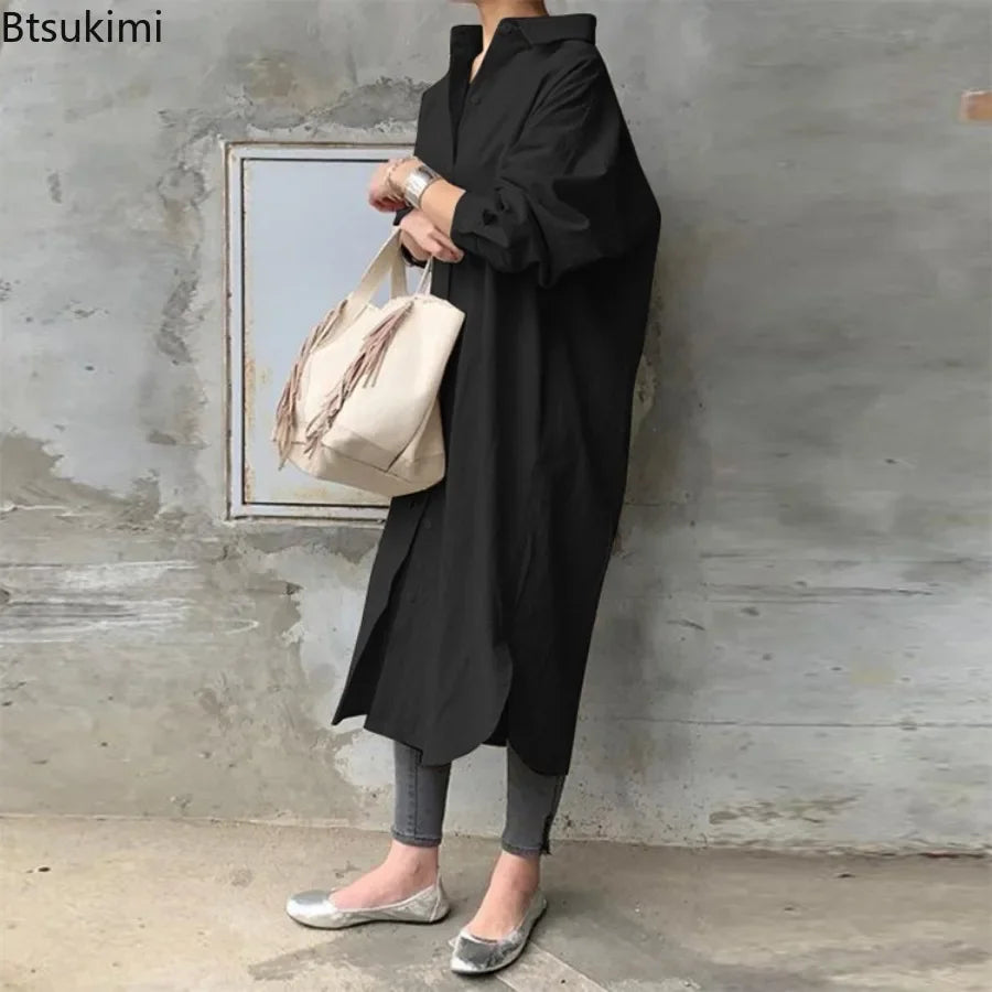 New Women's Spring Long Shirt Dress Temperament Casual Loose Work OL Dresses Elegant Long Sleeve Solid Trench Coat Women Blouses