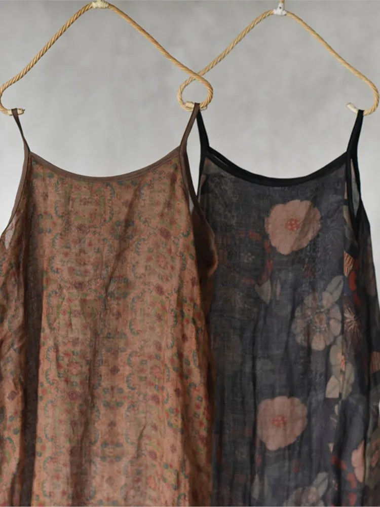 Women Loose Printed Thin Ramie Dress Ladies Vintage Printed Spaghetti Strap Dresses Female 2023 Transparent Dress Summer