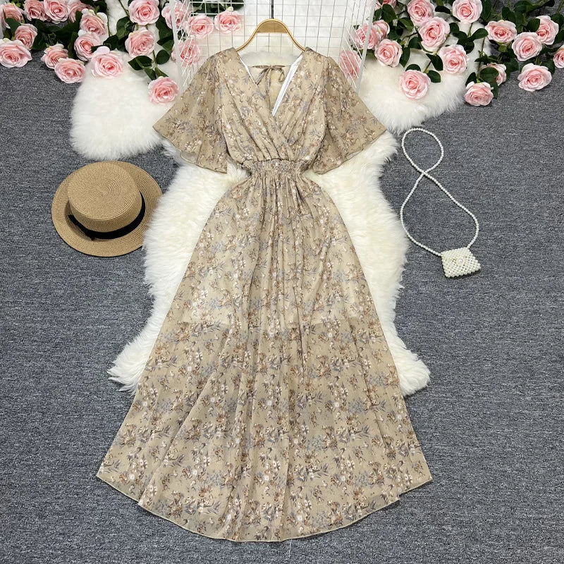 Women Chiffon Floral Long Dress Elegant Korean V Neck Short Sleeve Summer Bohemian Print Beach Dresses For Women Black