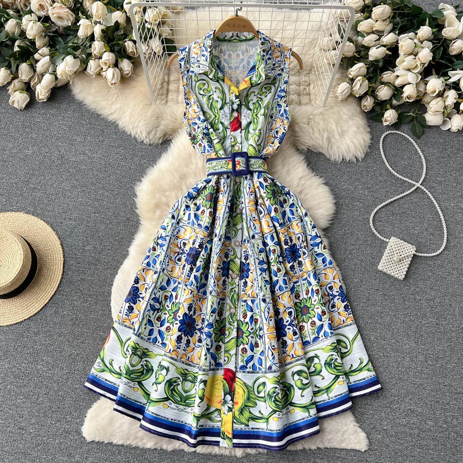 Blue White Porcelain Print Dress with pleated midi skirt