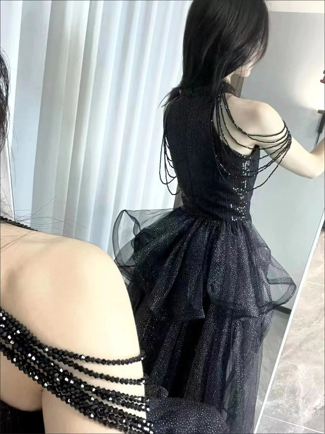 New black sequined lady girl women princess bridesmaid banquet party prom dress gown