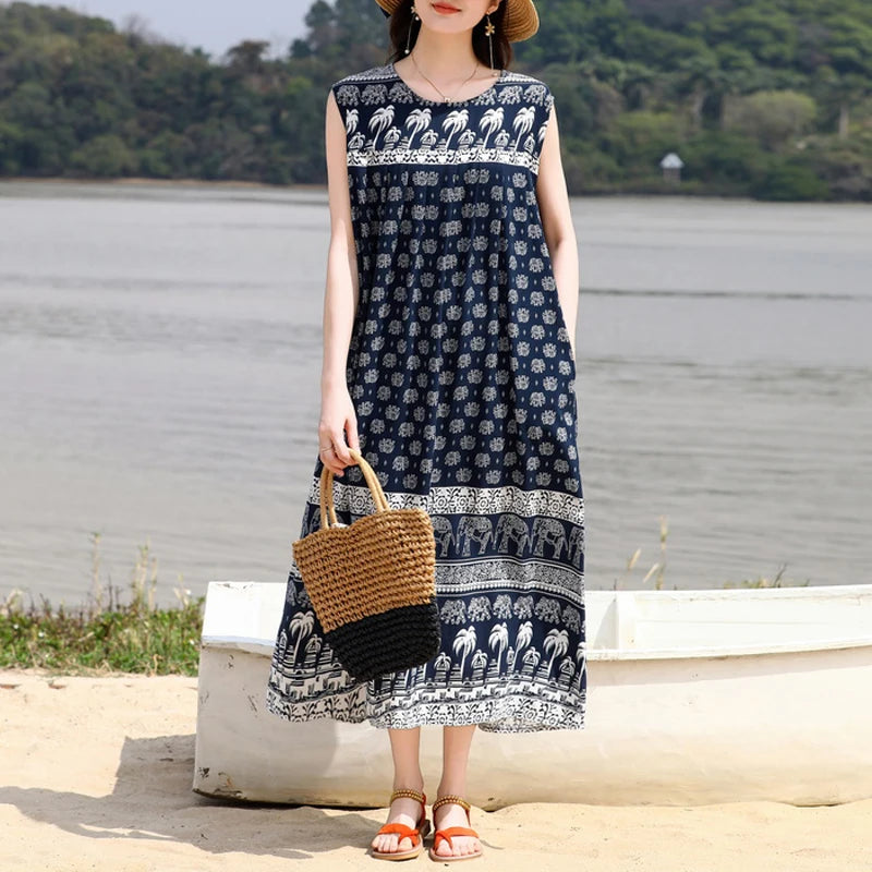 Vintage Dress Women 2025 Summer Casual Loose Long Dresses  Beach Femme Robe Vestidos Fashion Clothing Cotton Sleeveless