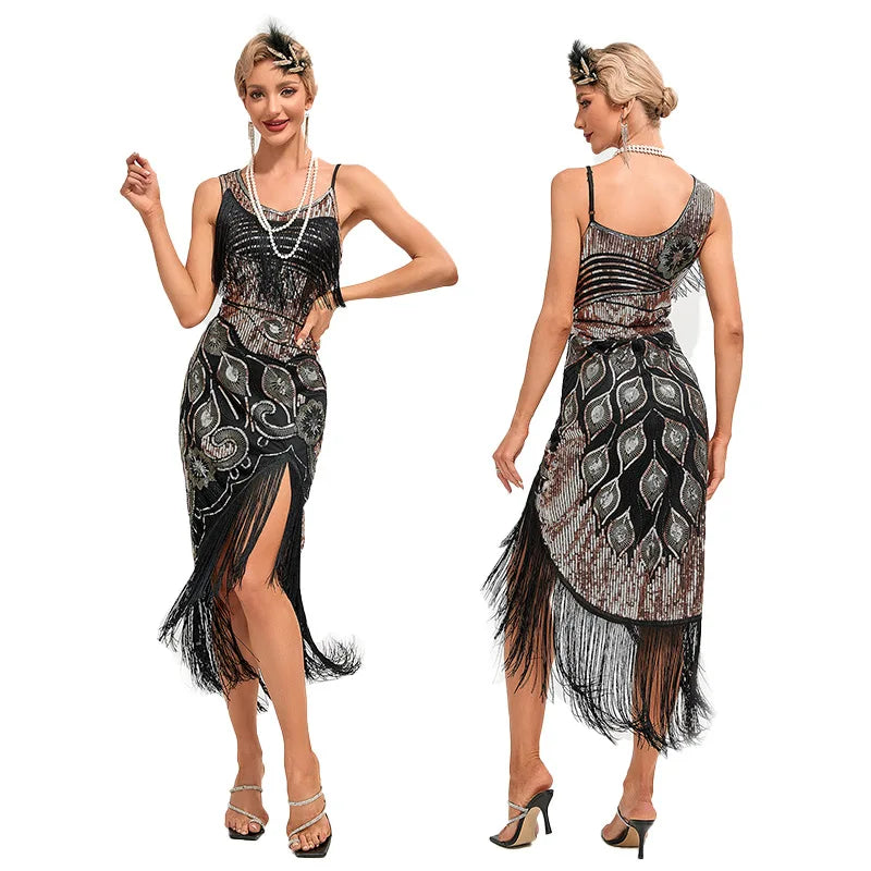 Plus Size 1920s Vintage Fringed Gatsby Sequin Beaded Tassels Hem Flapper Dress Sexy One Shoulder Gastby Dress for Women
