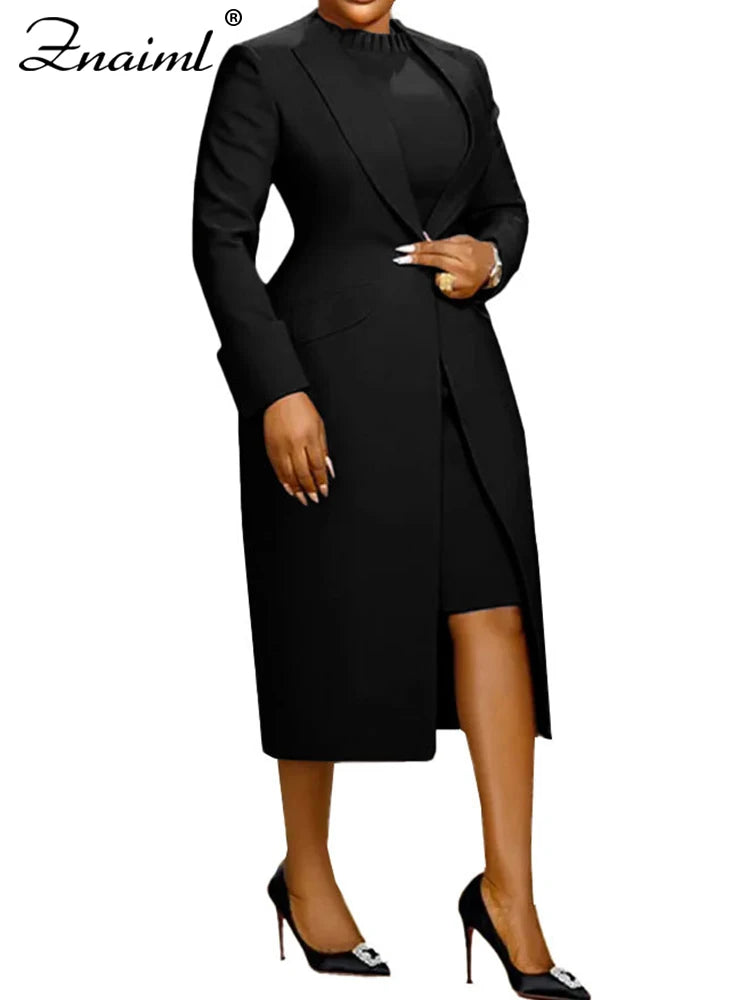 Znaiml Elegant Office Lady Long Blazer with Dress 2 Pieces Sets Woman Clothing Fashion Work Business African Streetwear Outfits