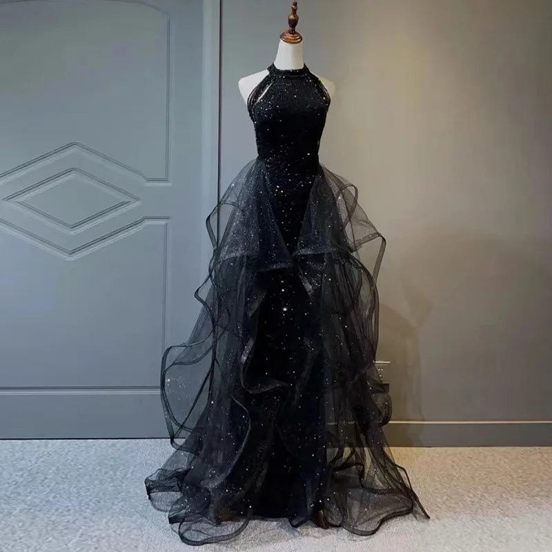 New black sequined lady girl women princess bridesmaid banquet party prom dress gown