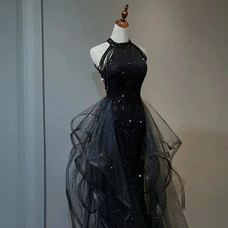New black sequined lady girl women princess bridesmaid banquet party prom dress gown
