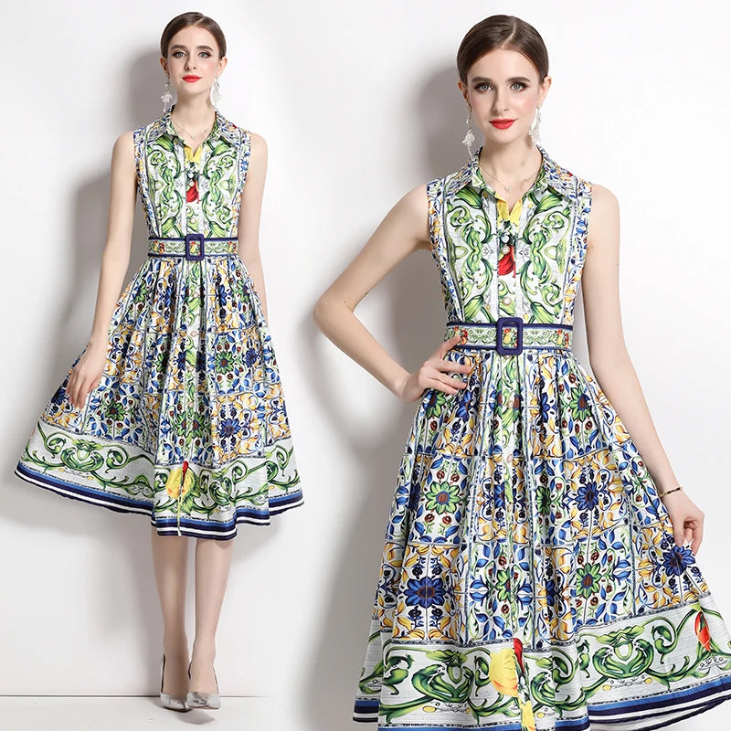 2023 Summer Runway Shirt Dress Women's Notch Collar Sleeveless Blue and White Porcelain Print Lace Up Belt Pleated Midi Dress