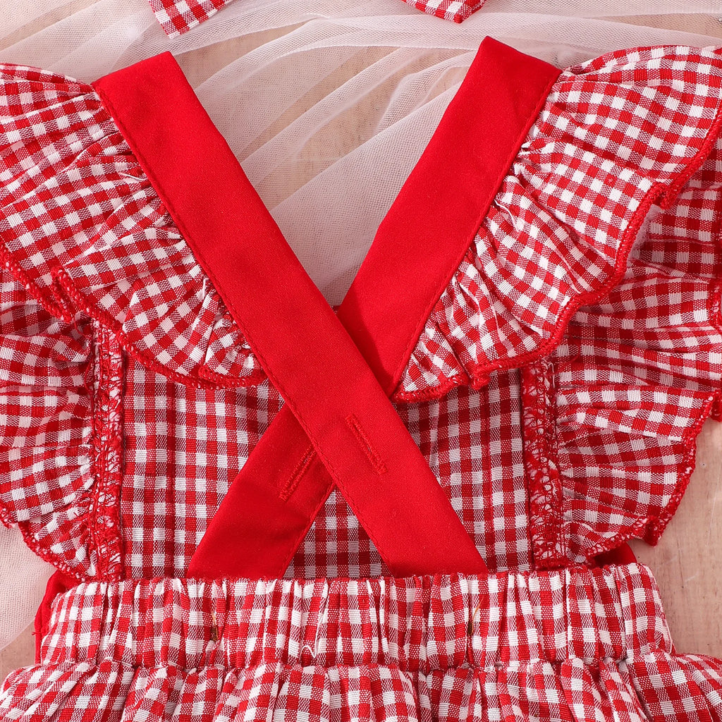 2PCS  Summer Cross-Border New Style For Girls And Babies 0-1 Years Old Sweet And Cute Red And White Plaid Dress Pants