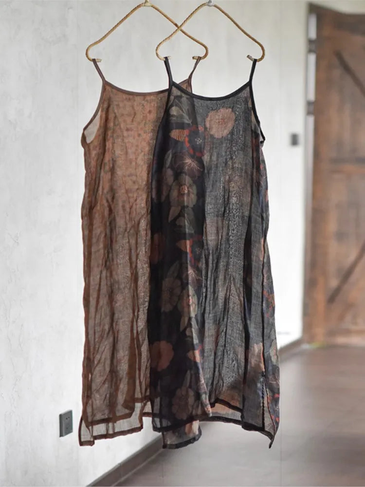 Women Loose Printed Thin Ramie Dress Ladies Vintage Printed Spaghetti Strap Dresses Female 2023 Transparent Dress Summer