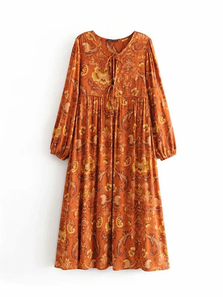 Vintage Chic Women Floral Print Lace-up Rayon Cotton Beach Bohemian Midi Dresses Ladies V-neck Boho Dress Vestidos