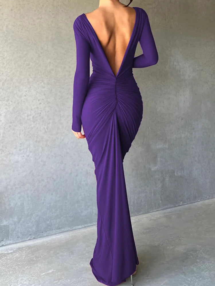 Reversible Deep V Neck or Deep V Backless Folds Slim Bodycon Maxi Dress Women Skinny Long Dress Elegant Club Party Vestidos