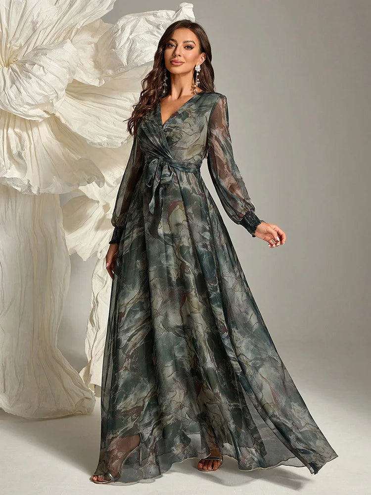 TOLEEN Women's Cross Wrap Summer Long Sleeve Dress 2024 New Spring Casual Elegant Floral Print Belted Formal Party Maxi Dresses