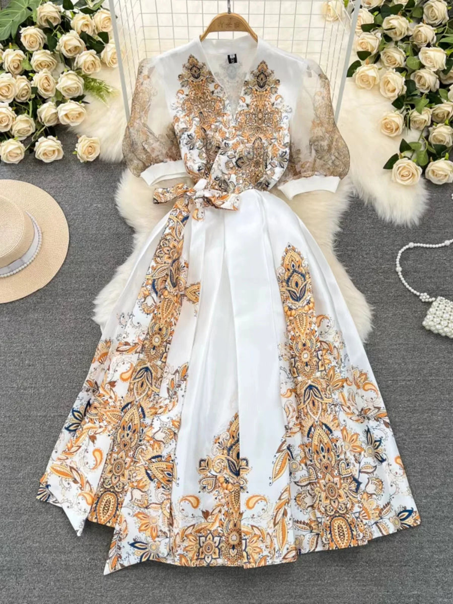 2024 Sommer Neues Vintage-Palast-Stil Bedrucktes Kleid Damen V-Ausschnitt Kurzarm Schnürung Schmale Passform A-Linie Chiffon Langer Rock