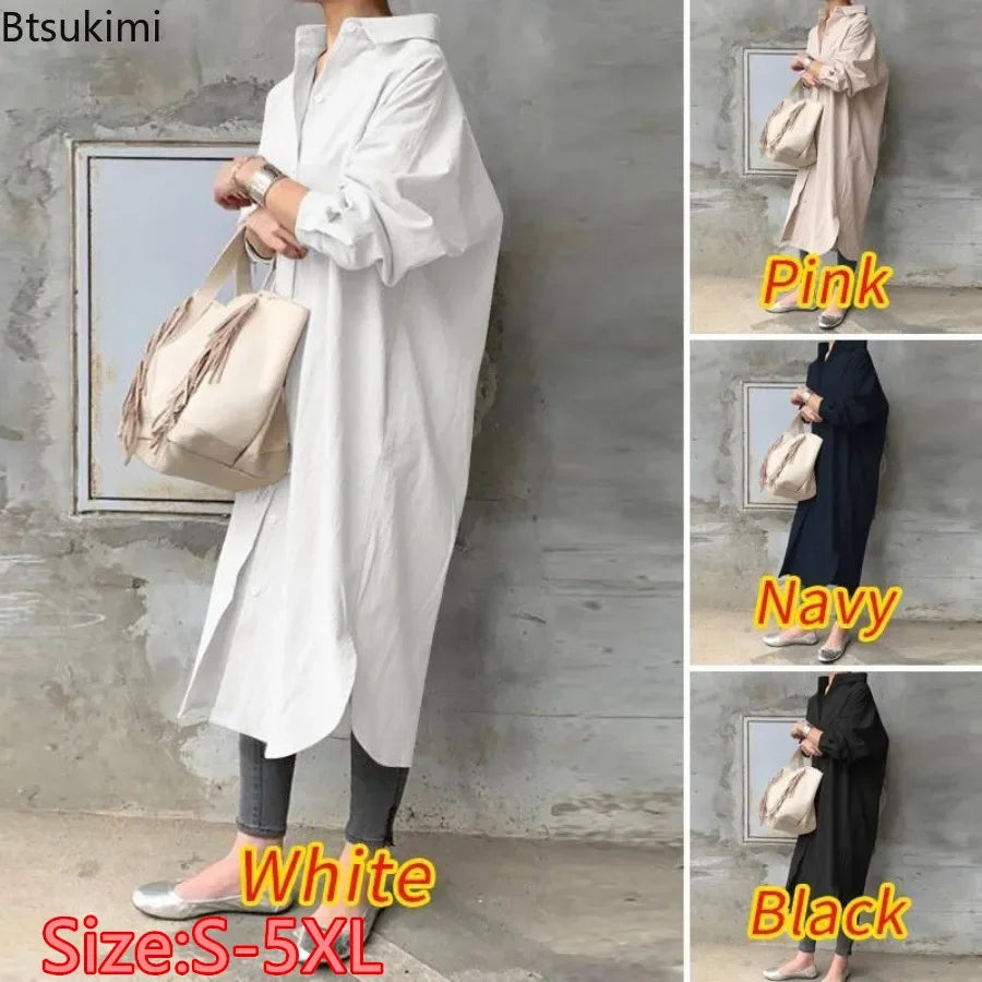 New Women's Spring Long Shirt Dress Temperament Casual Loose Work OL Dresses Elegant Long Sleeve Solid Trench Coat Women Blouses