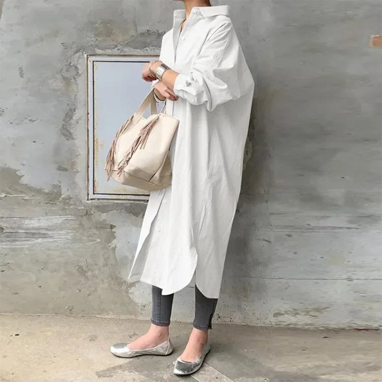 New Women's Spring Long Shirt Dress Temperament Casual Loose Work OL Dresses Elegant Long Sleeve Solid Trench Coat Women Blouses