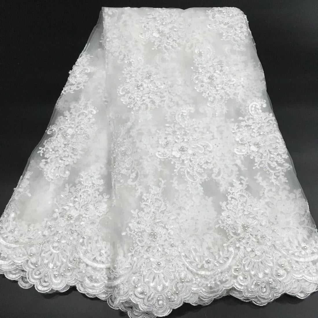 White African French Beaded Lace Fabric 2024 High Quality White Nigerian Tulle Mesh Lace Fabric For Party Wedding Dress K-D2327C