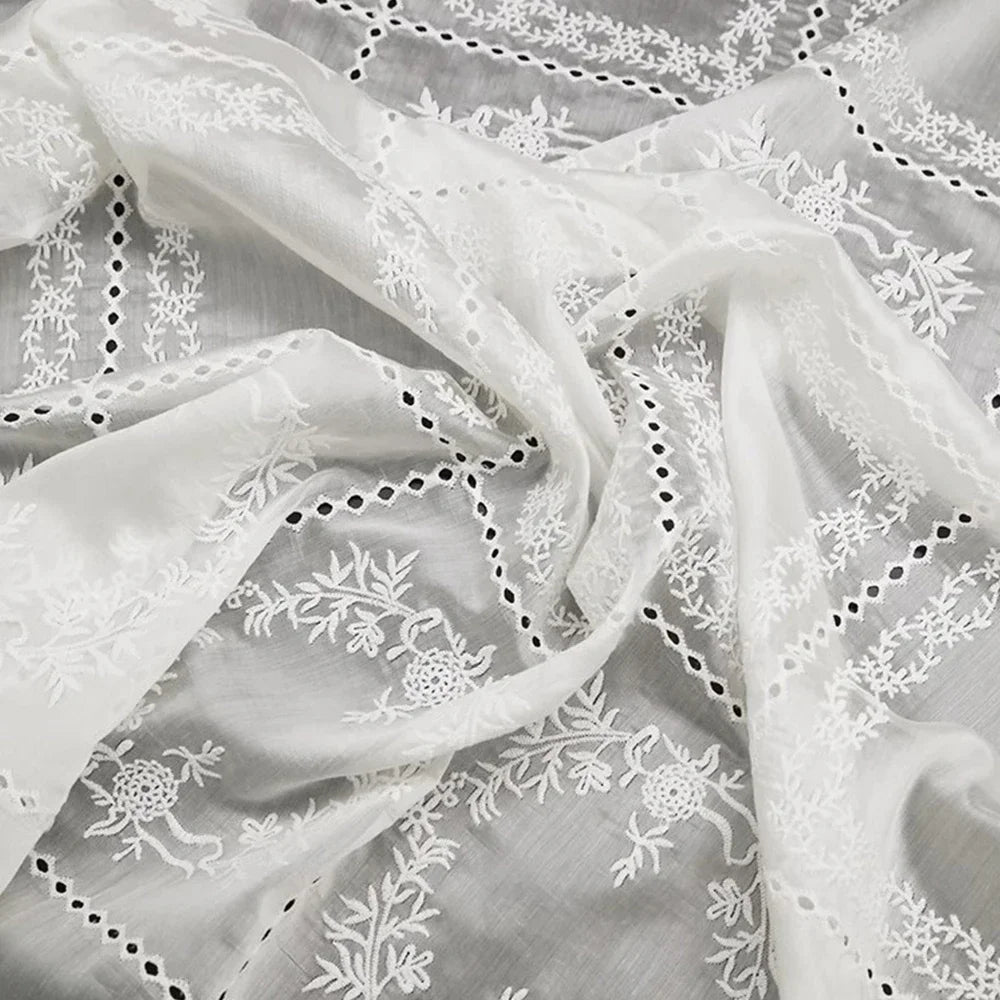 Hollow Embroidery Flower Fabric for Spring and Summer Clothing Strap Dress Shirts Designer Fabric By The Meter