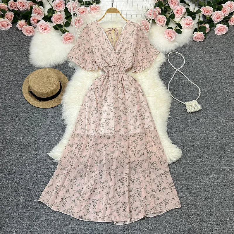 Women Chiffon Floral Long Dress Elegant Korean V Neck Short Sleeve Summer Bohemian Print Beach Dresses For Women Black